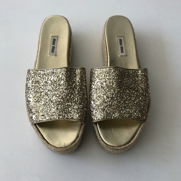 Miu Miu Gold Glitter Wedge Sandals Size 40/10 - Picture 3 of 8